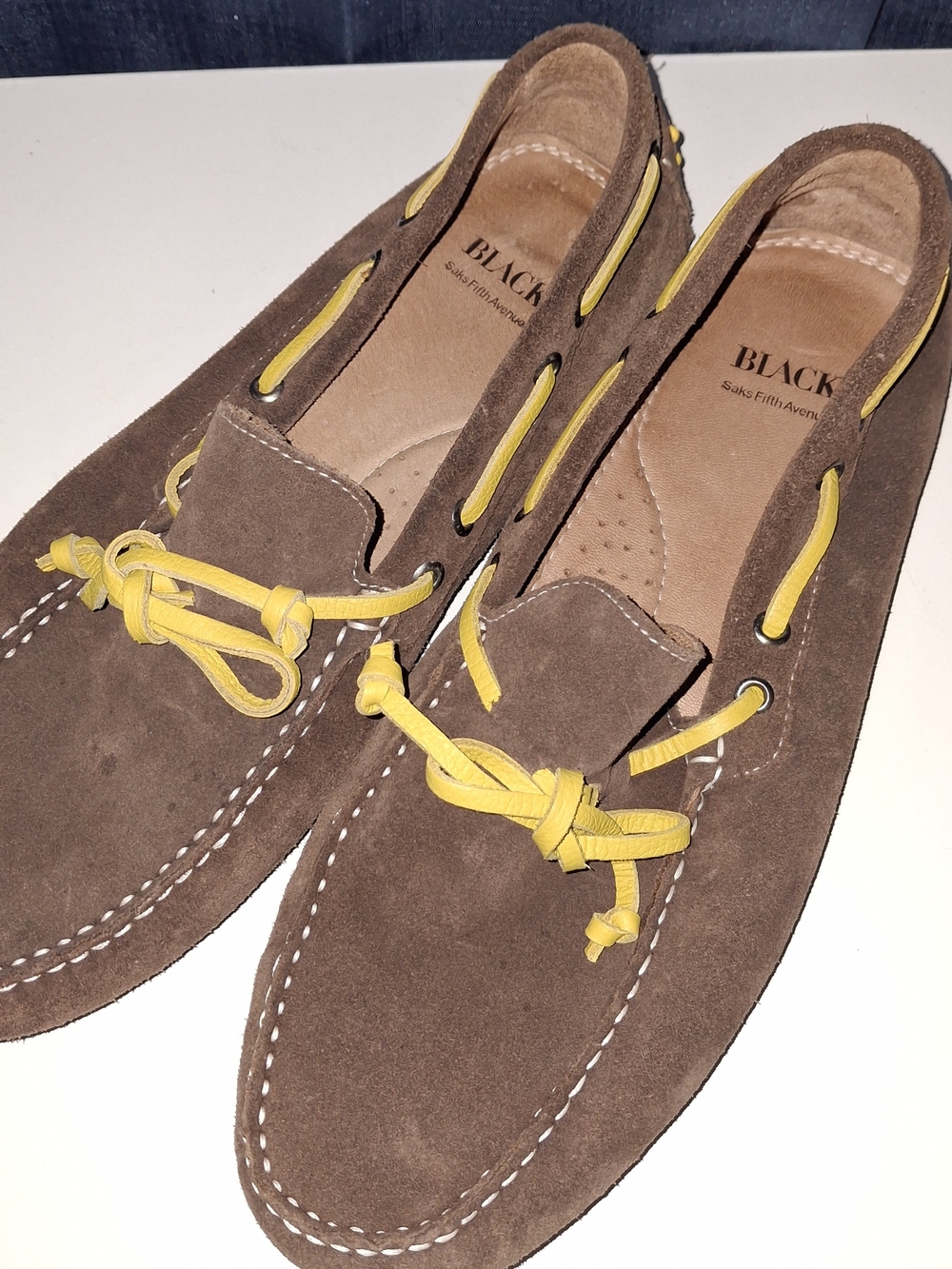 BLACK Suede Brown Driving Loafers with Yellow Laces